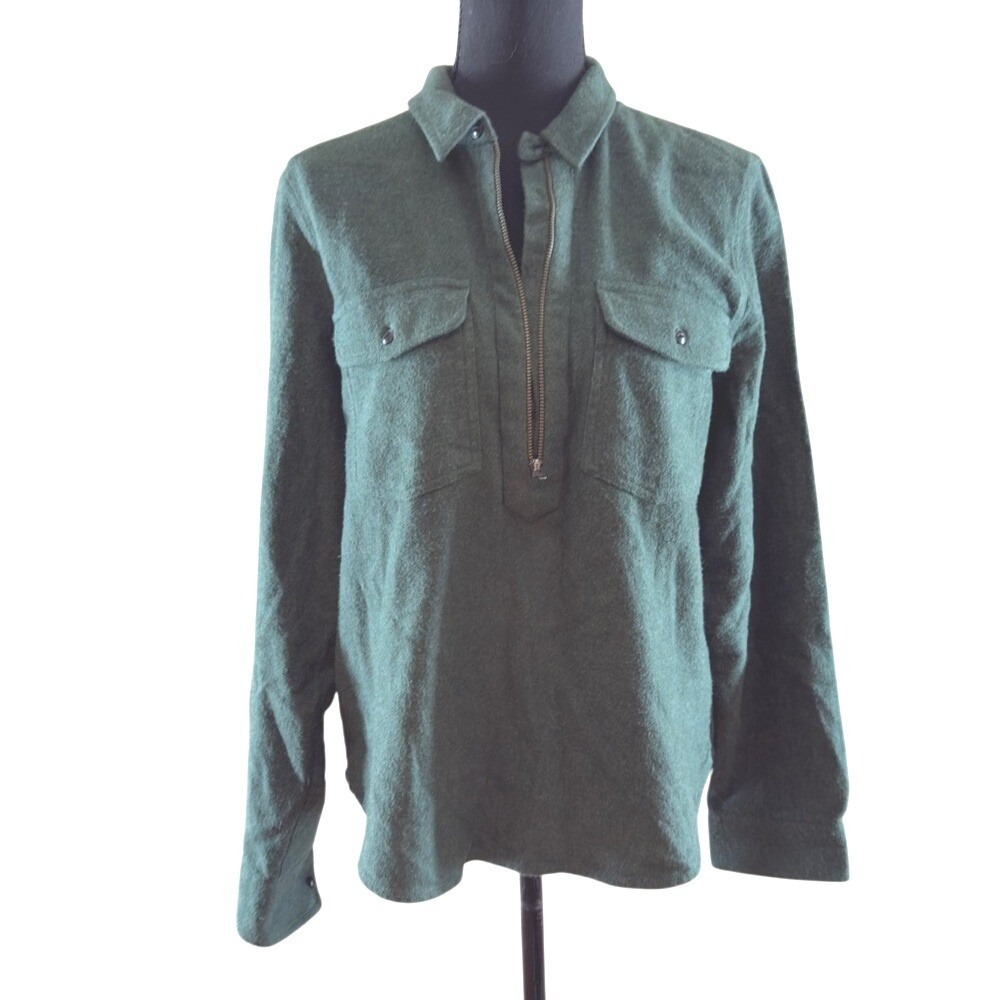 Madewell Flannel Quarter-Zip Popover Shirt Dark Green Sz L‎
